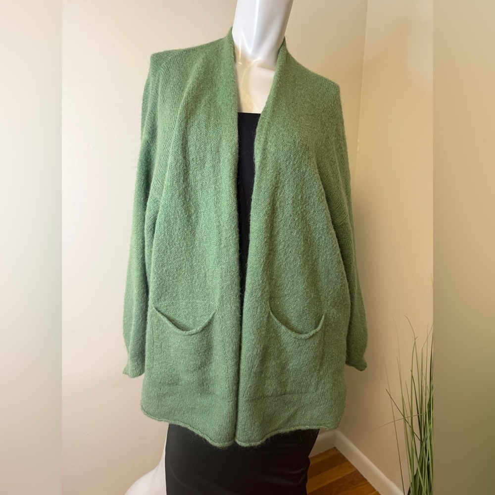 Italian Made Mohair Blend Open Front Cardigan Sage Green Soft Knit Pockets XL